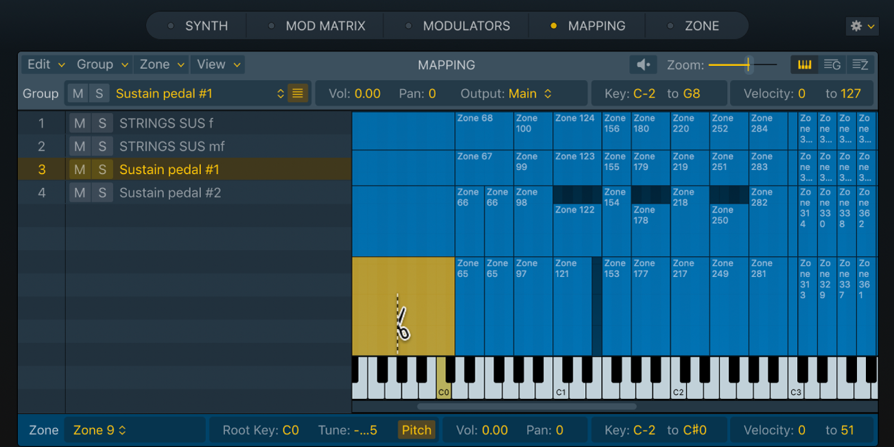 Ilustración. Vista de teclado del panel Mapping de Sampler, que muestra una zona que se está cortando verticalmente.