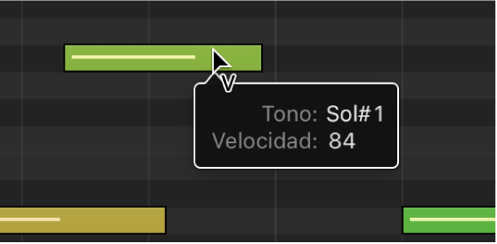 Ilustración. Se está editando la velocidad de una nota MIDI en el editor de teclado con la herramienta Velocidad. La etiqueta de ayuda muestra el valor de Velocidad.