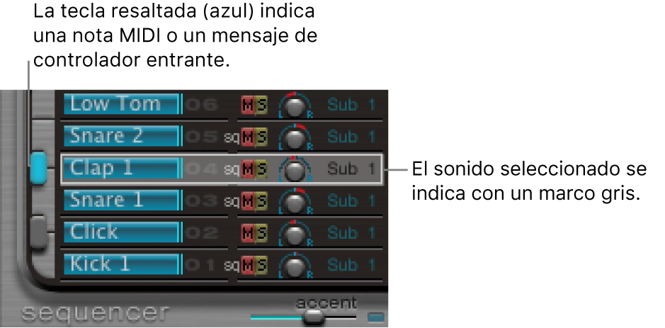 Ilustración. Sección de asignaciones, con un sonido seleccionado y un sonido accionado.