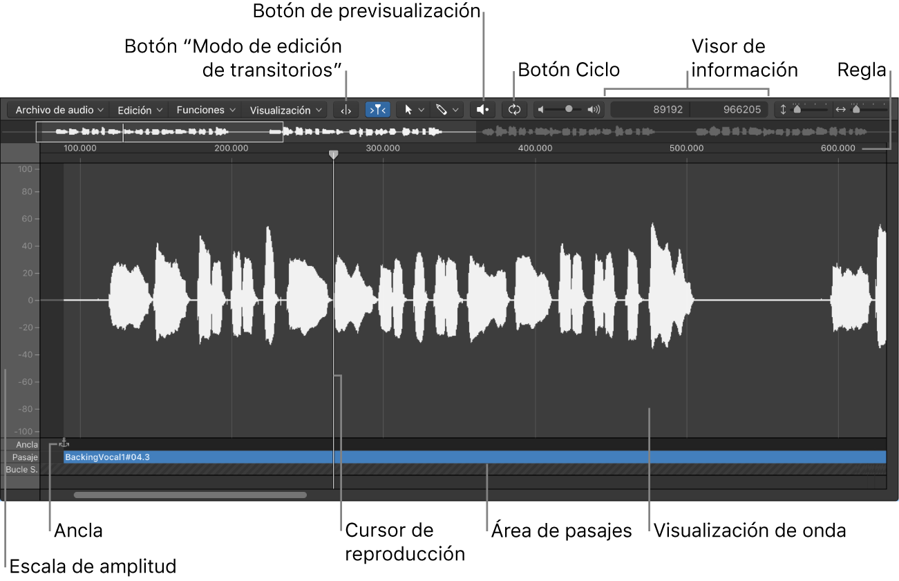 Ilustración. Editor de samples con sus elementos principales.