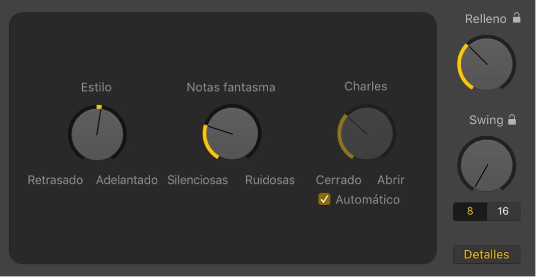 Ilustración. Editor Drummer con el botón Detalles seleccionado, donde se muestran los potenciómetros Estilo, “Notas fantasma” y Charles.