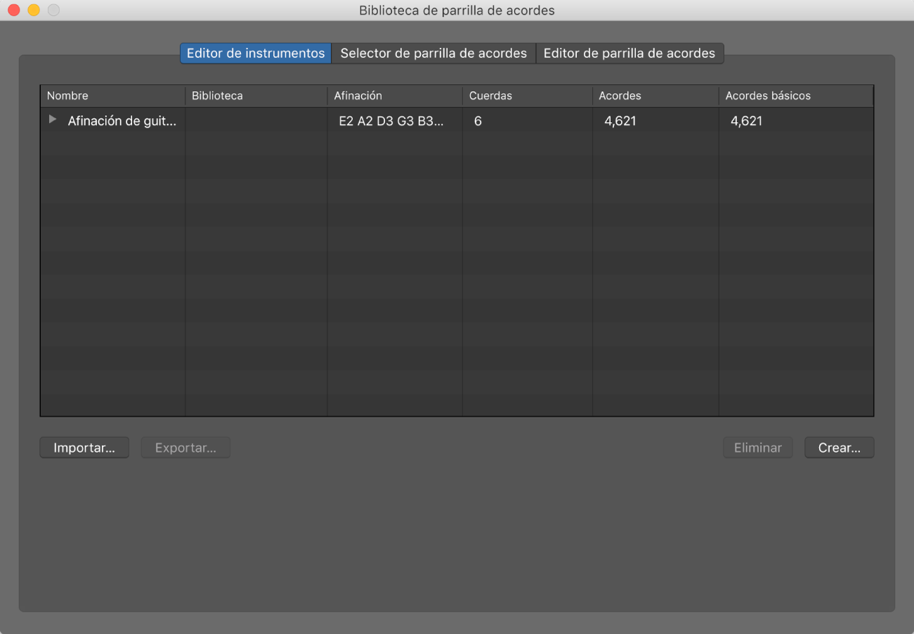 Ilustración. Panel “Editor de instrumentos” en la ventana “Biblioteca de parrilla de acordes”.