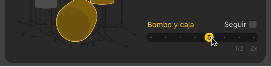 Ilustración. Se está arrastrando el regulador “Bombo y caja” en el editor Drummer.