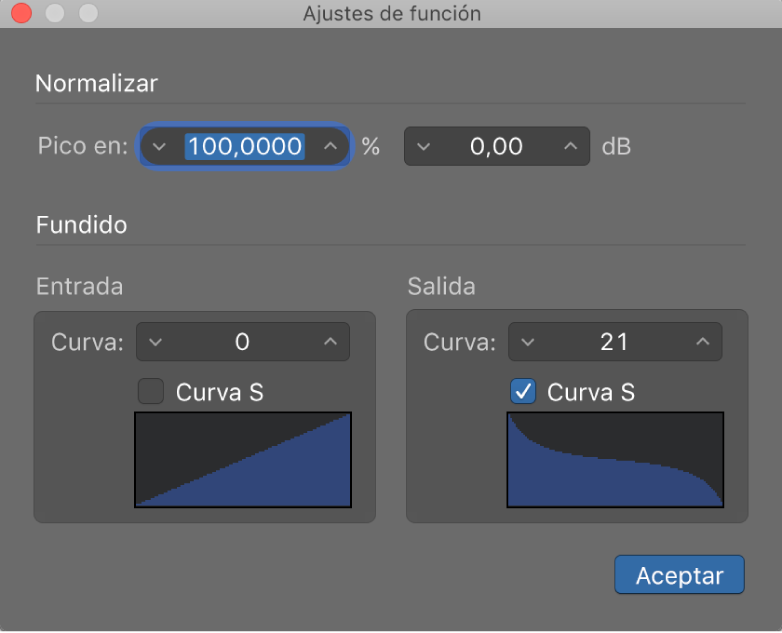 Ilustración. Ventana “Ajustes de función” con una curva con forma de S en “Fundido de salida”.