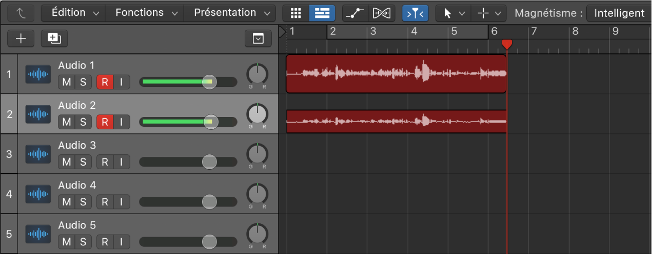 Figure. Enregistrements audio sur deux pistes audio.