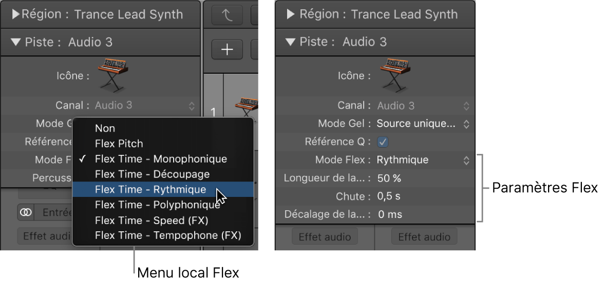 Figure. Inspecteur de piste affichant les algorithmes et paramètres Flex.