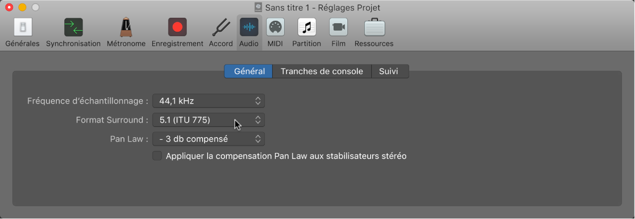 Figure. Sous-fenêtre Audio des réglages de projet.