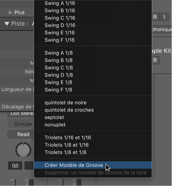 Figure. Option « Créer un modèle de Groove » sélectionnée dans le menu local Quantifier.