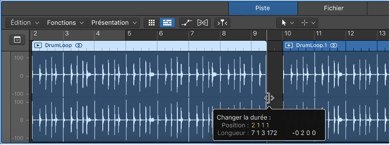 Figure. Ajustement d’une région dans l’éditeur audio, avec bulle d’aide indiquant la durée de la région et la durée supprimée.