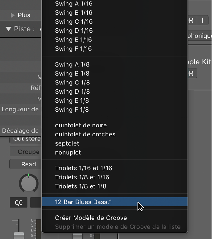 Figure. Nom du modèle de groove par défaut sélectionné dans le menu local Quantifier.