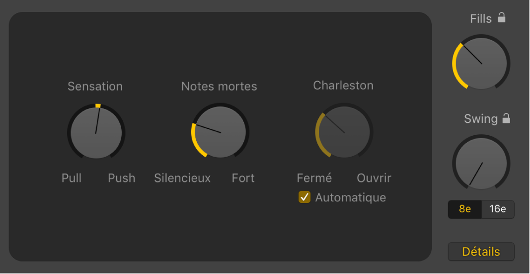 Figure. Éditeur de drummer avec le bouton Détails sélectionné, montrant les potentiomètres Sensation, Notes fantômes et Charleston.