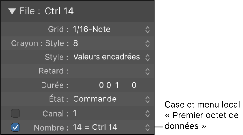 Figure. Menu et case Premier octet de données