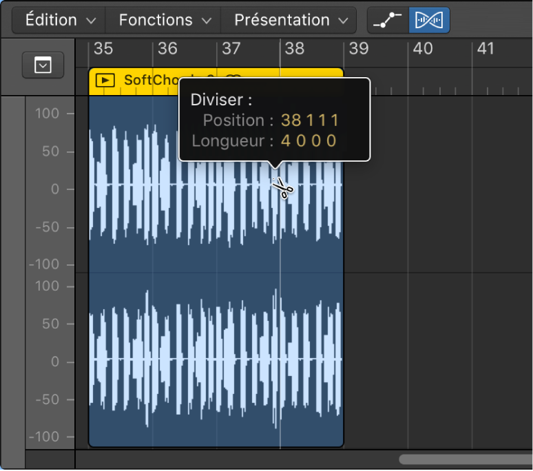 Figure. Modification d’une région audio dans l’éditeur de piste audio.