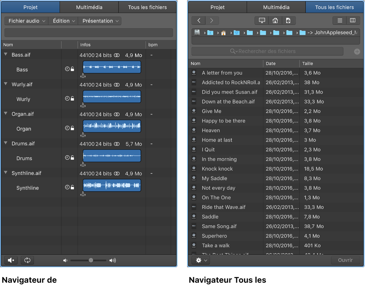 Figure. Navigateur audio du projet et navigateur Tous les fichiers.