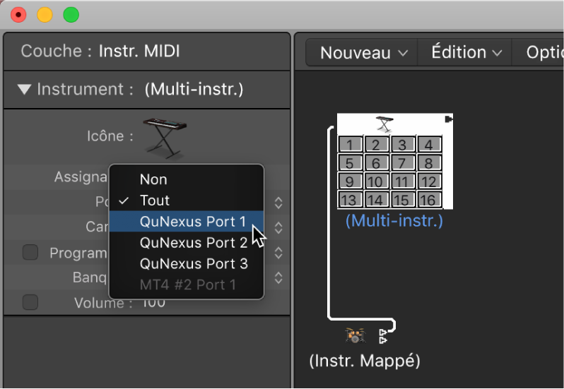 Figure. Menu local Port dans l’inspecteur d’objets montrant les options de sortie MIDI.