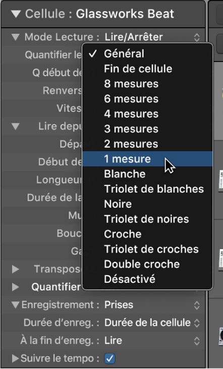 Figure. Menu local Début de quantification dans l’inspecteur de cellule.