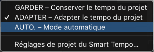 Figure. Menu de l’écran Tempo affichant trois modes Smart Tempo.