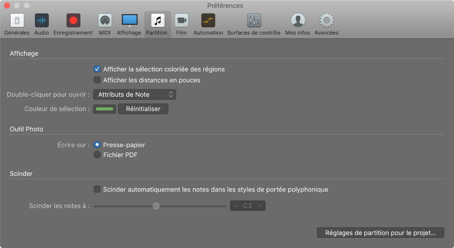 Figure. Préférences de partition.