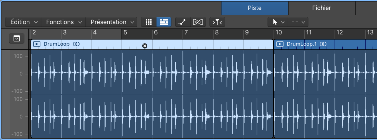 Figure. Éditeur audio avec une région sélectionnée.