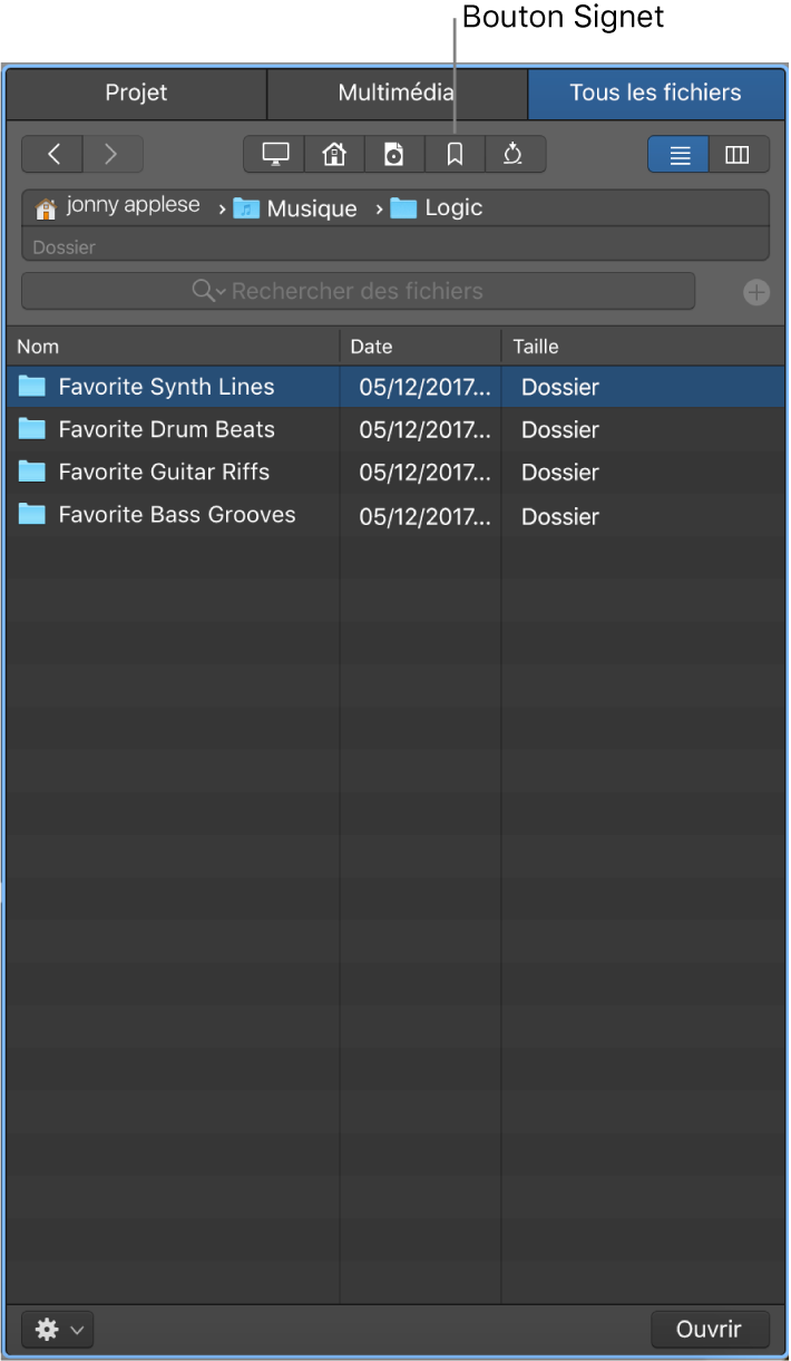 Figure. Navigateur Tous les fichiers montrant le bouton Signet.
