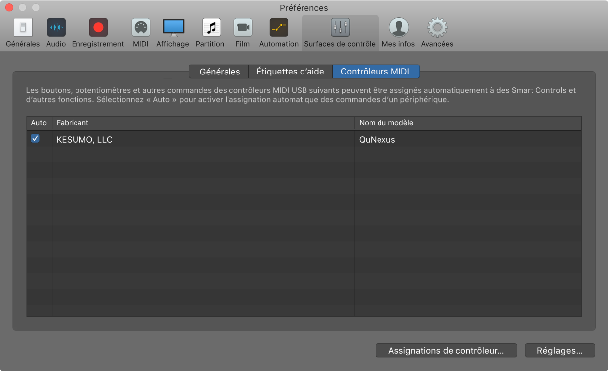 Figure. Préférences des contrôleurs MIDI de Logic Pro