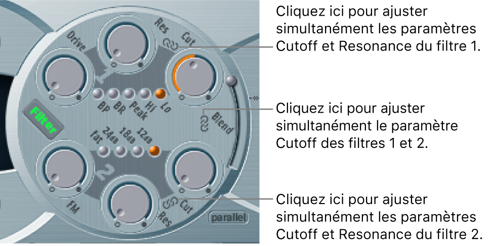 Figure. Paramètres de filtre avec icônes de chaîne entre des paramètres et des filtres pour indiquer la possibilité de contrôler simultanément plusieurs paramètres.