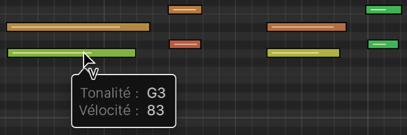 Figure. Éditeur de partition défilante avec l’outil Vélocité placé sur un événement de note.