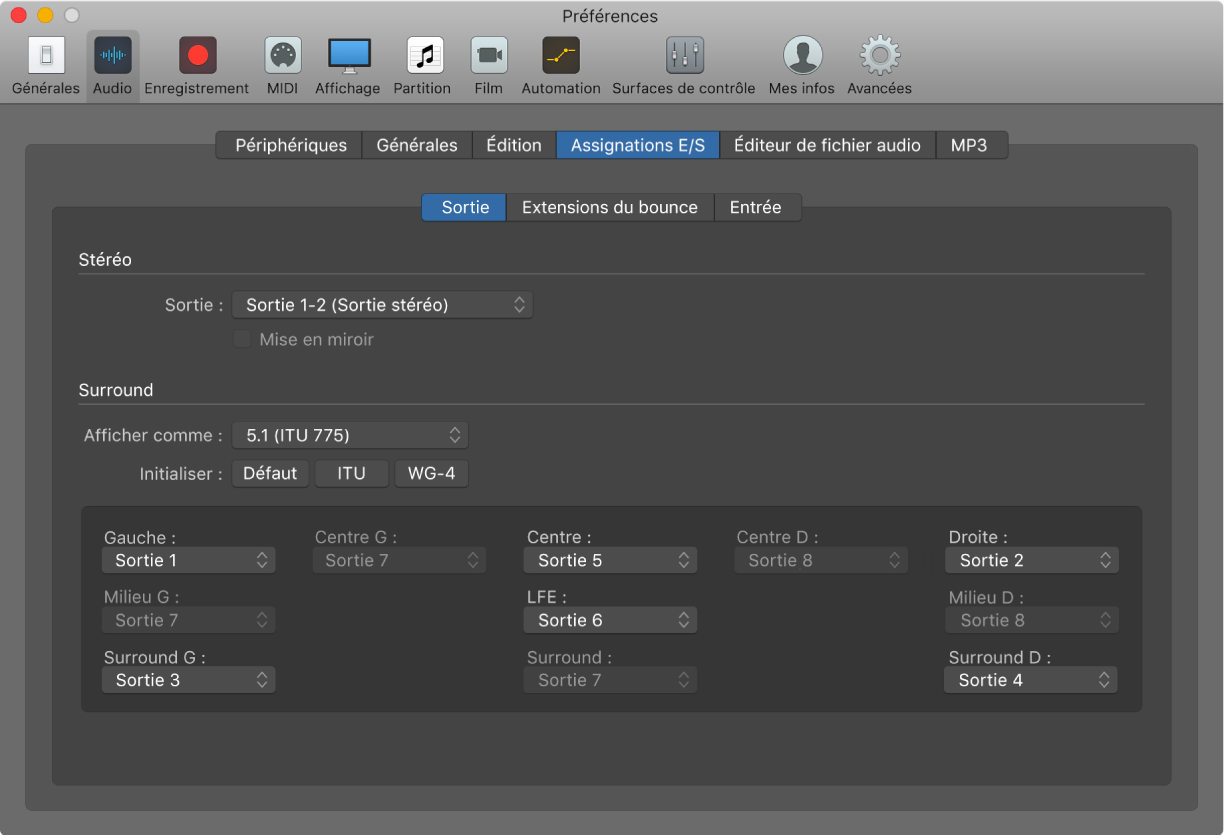 Figure. Sous-fenêtre Assignations E/S des préférences Audio.