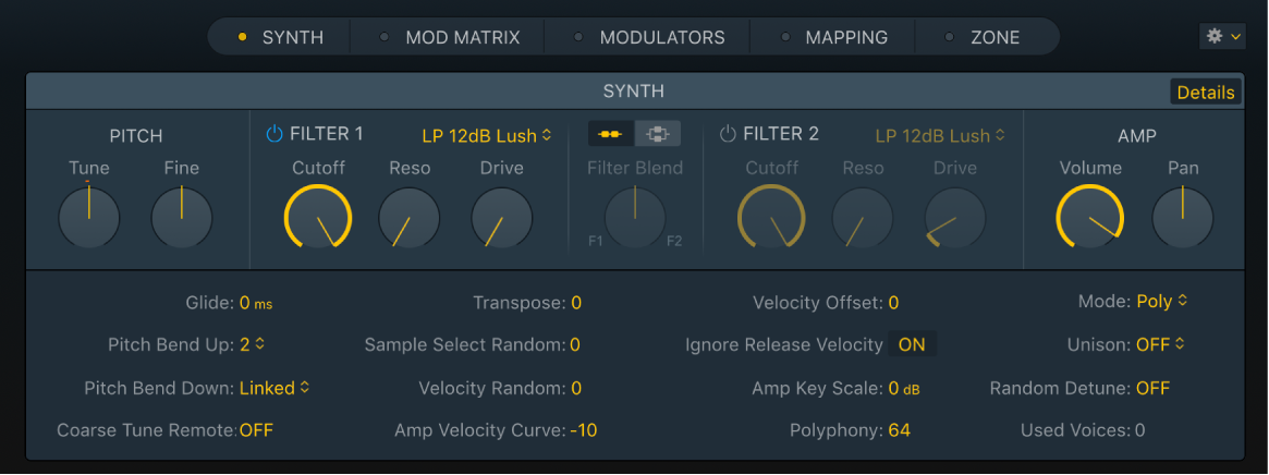 Figure. Sous-fenêtre Synth de Sampler avec paramètres Details