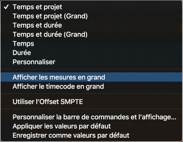 Figure. Menu de l’écran LCD, avec le réglage « Utiliser le décalage SMPTE » sélectionné.