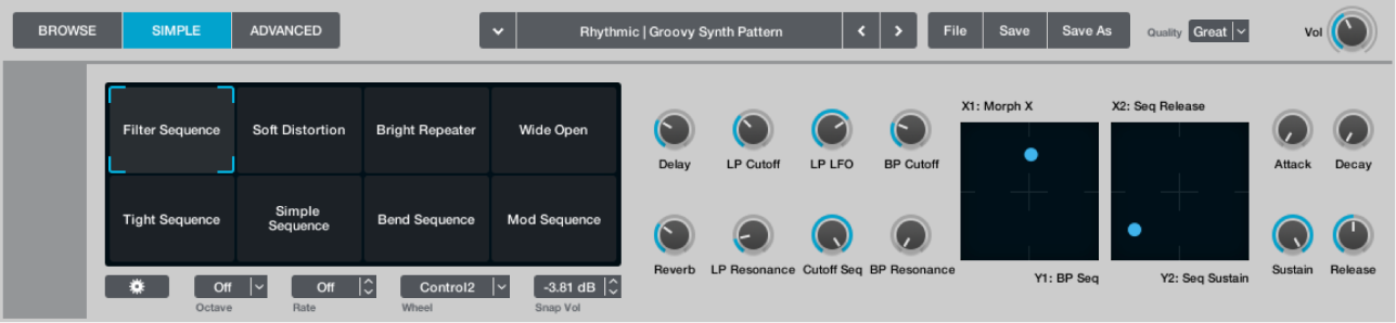 Figure. Section des commandes de performance affichant un pad Transform, des potentiomètres et des pads XY.