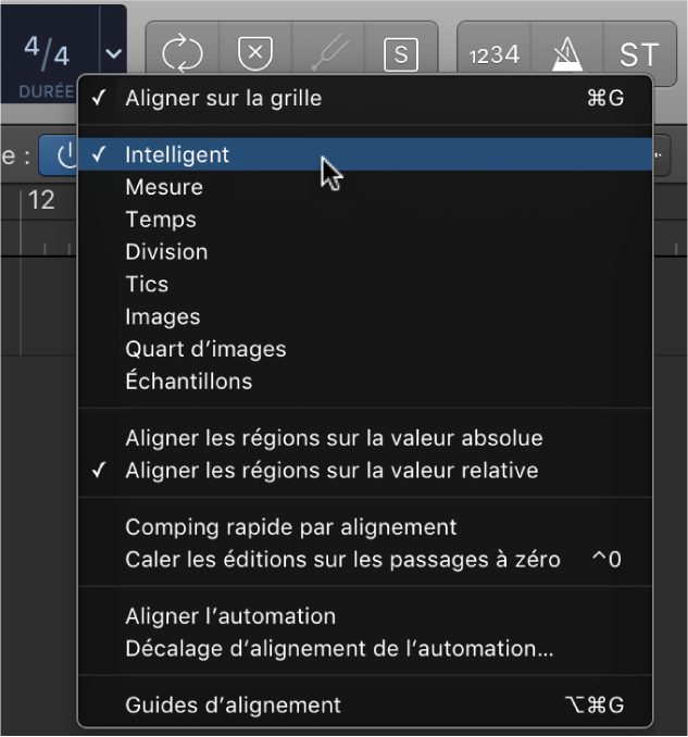 Figure. Menu local Alignement pour la zone Pistes.