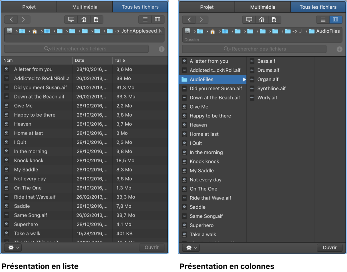 Figure. Présentation en liste et présentation en colonnes dans le navigateur Tous les fichiers.