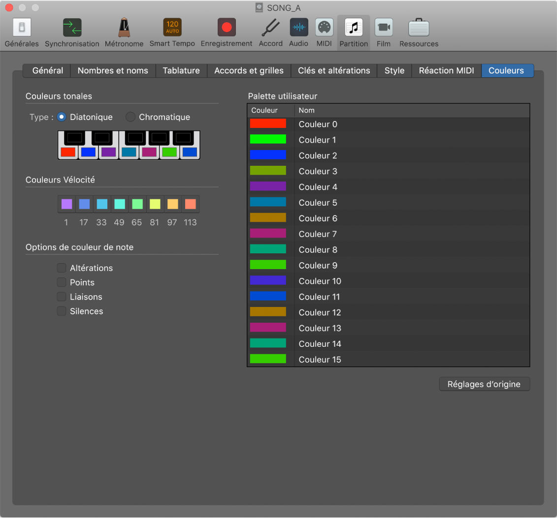 Figure. Réglages Couleurs de la partition.