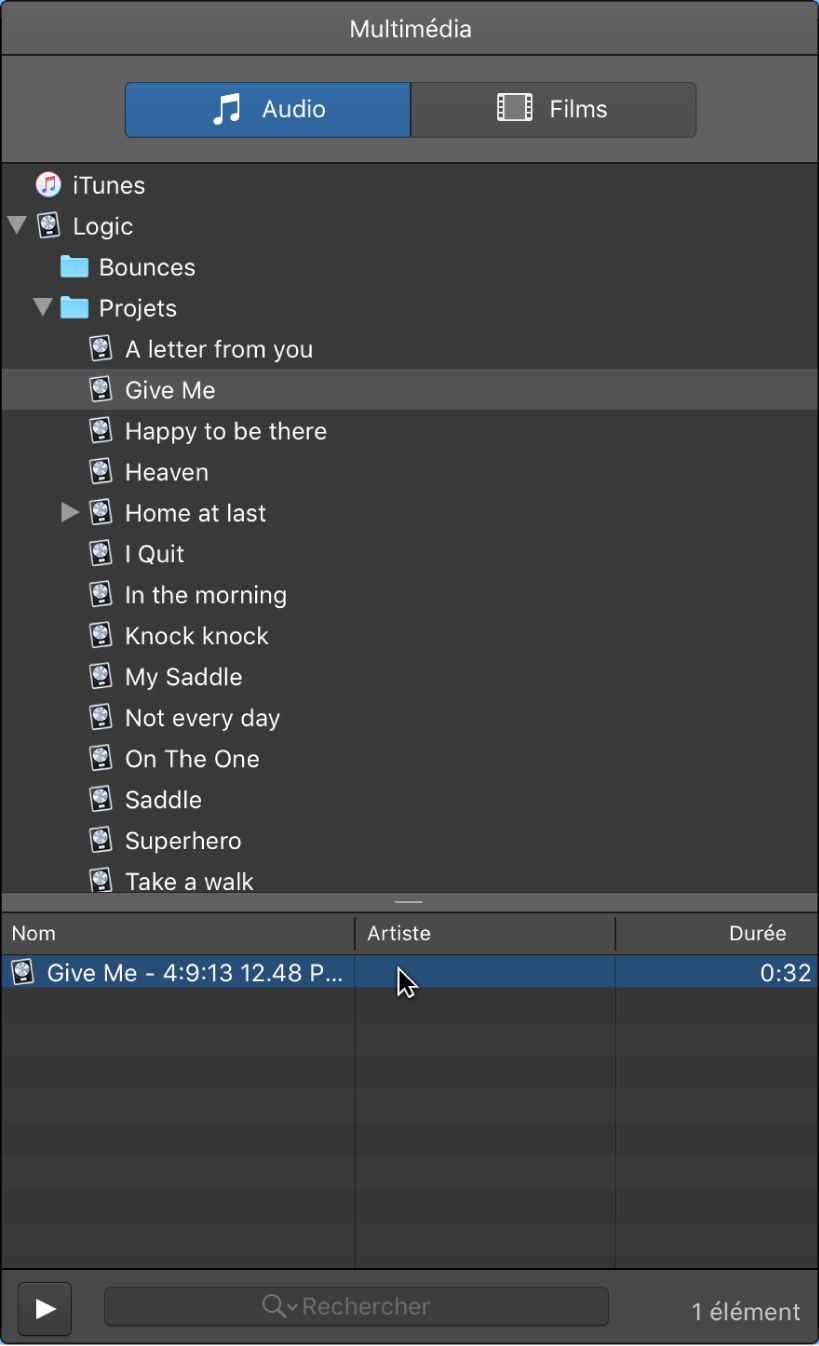 Figure. Navigateur multimédia avec l’onglet Audio sélectionné, affichant les projets Logic.
