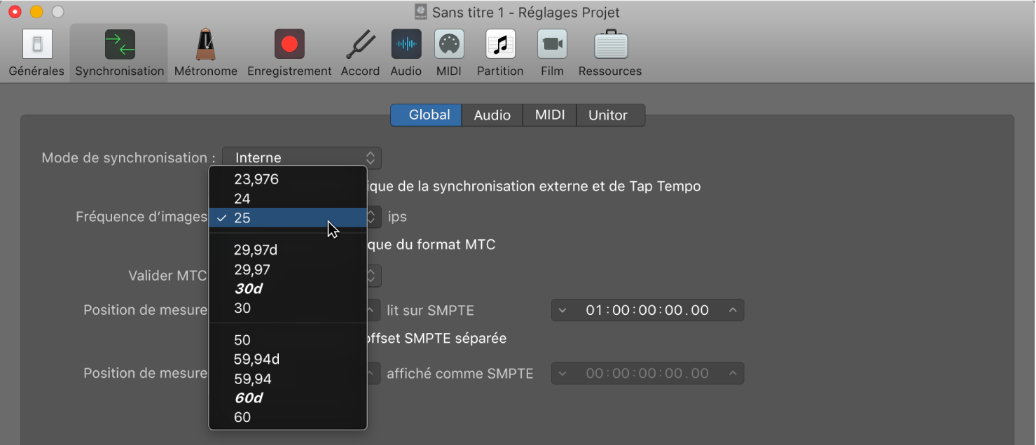 Figure. Menu local Fréquence d’images affiché dans les réglages de synchronisation du projet.