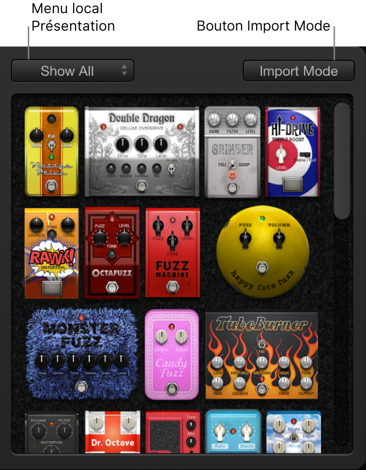 Figure. Navigateur de pédale affichant le menu local de présentation et le bouton Import Mode.