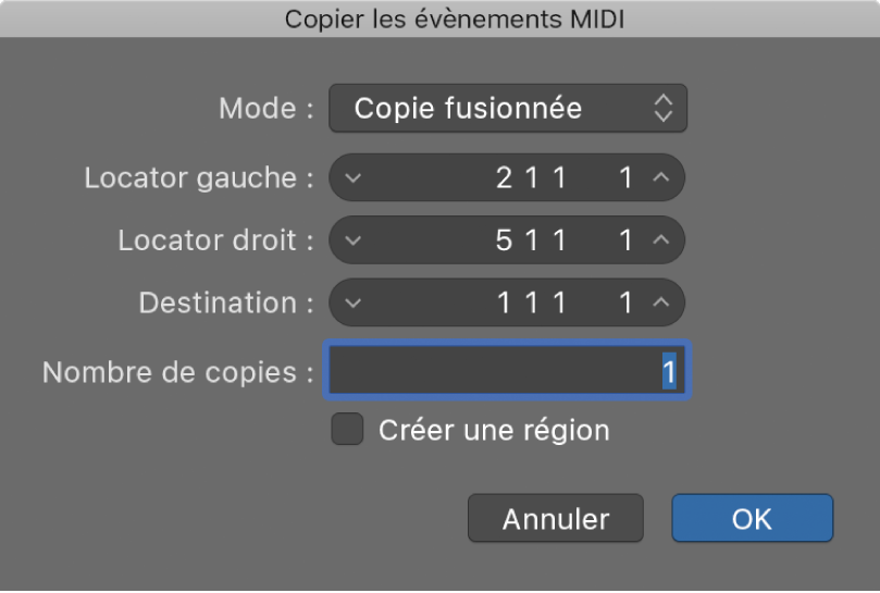 Figure. Zone de dialogue Copier les événements MIDI.