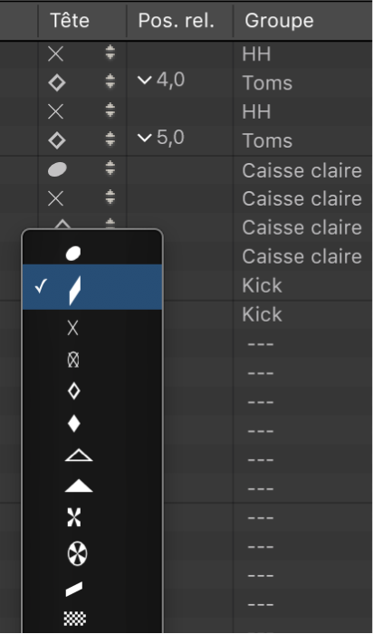 Figure. Menu local Tête dans la fenêtre Instrument mappé