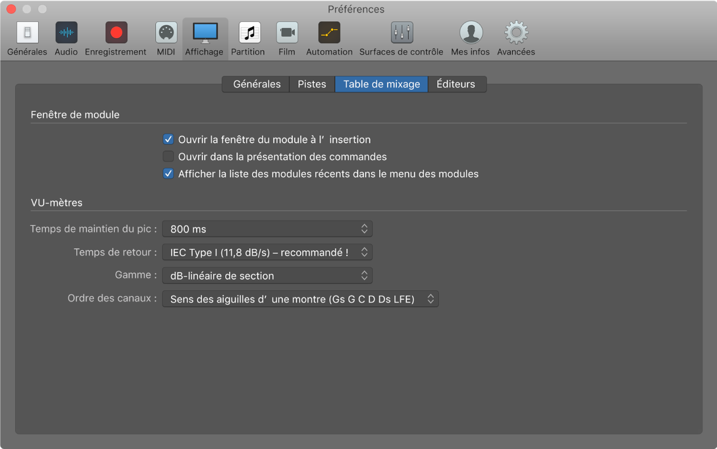 Figure. Préférences d’affichage de la table de mixage.
