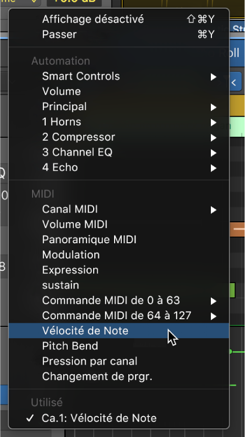 Figure. Données MIDI choisies dans le menu local Paramètre d’automation/MIDI.