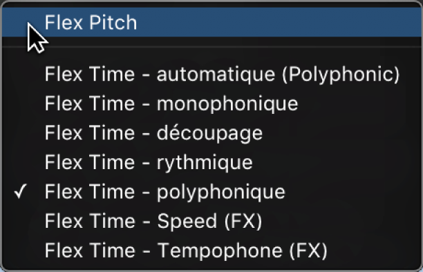 Figure. Menu local Flex avec le mode Flex Pitch sélectionné.