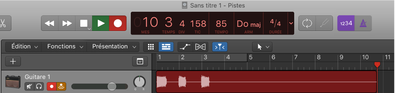 Figure. Piste audio dans la zone Pistes montrant une nouvelle région audio en cours d’enregistrement.