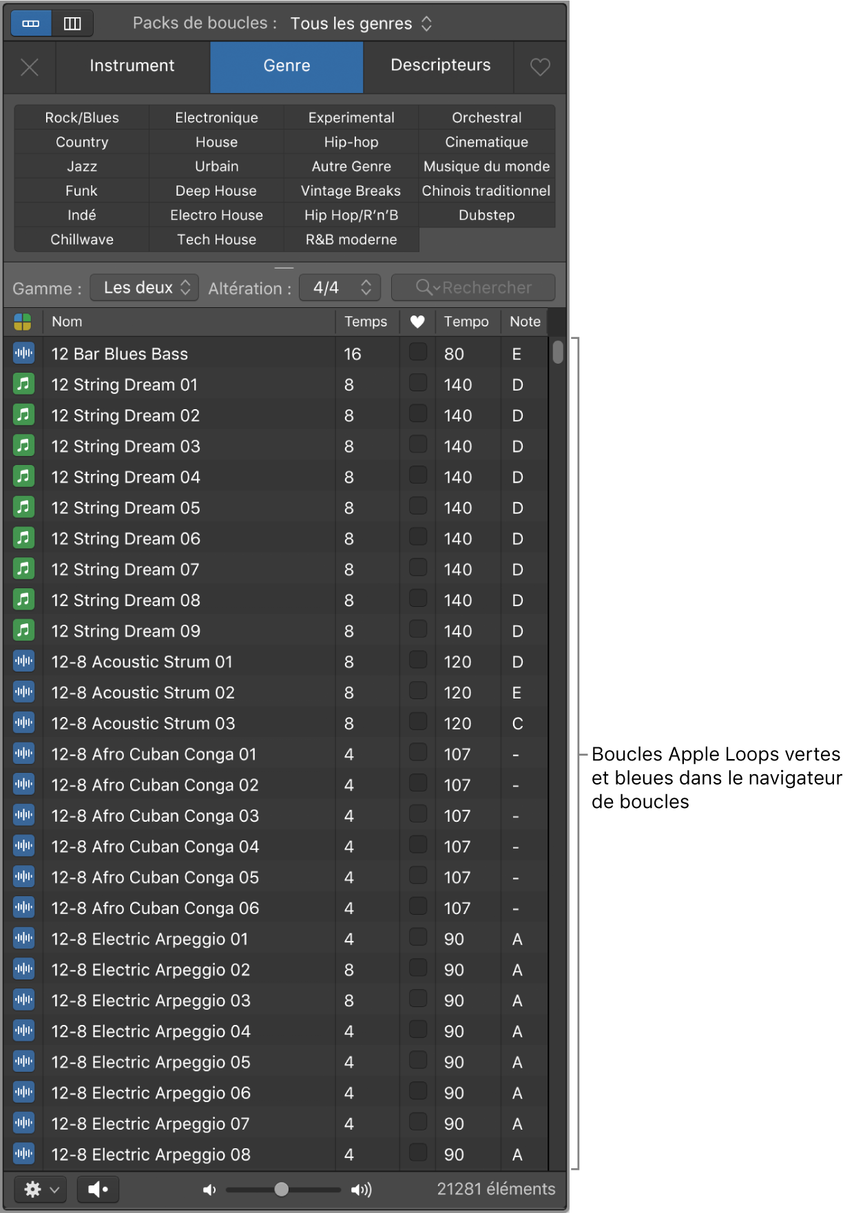 Navigateur de boucles avec boucles Apple Loops d’instruments logiciels (vertes) et audio (bleues).