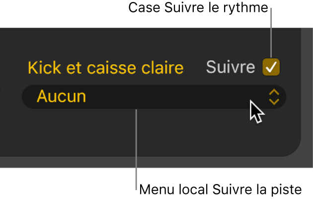 Figure. Case Suivre et menu local Suivre la piste dans l’éditeur de drummer.