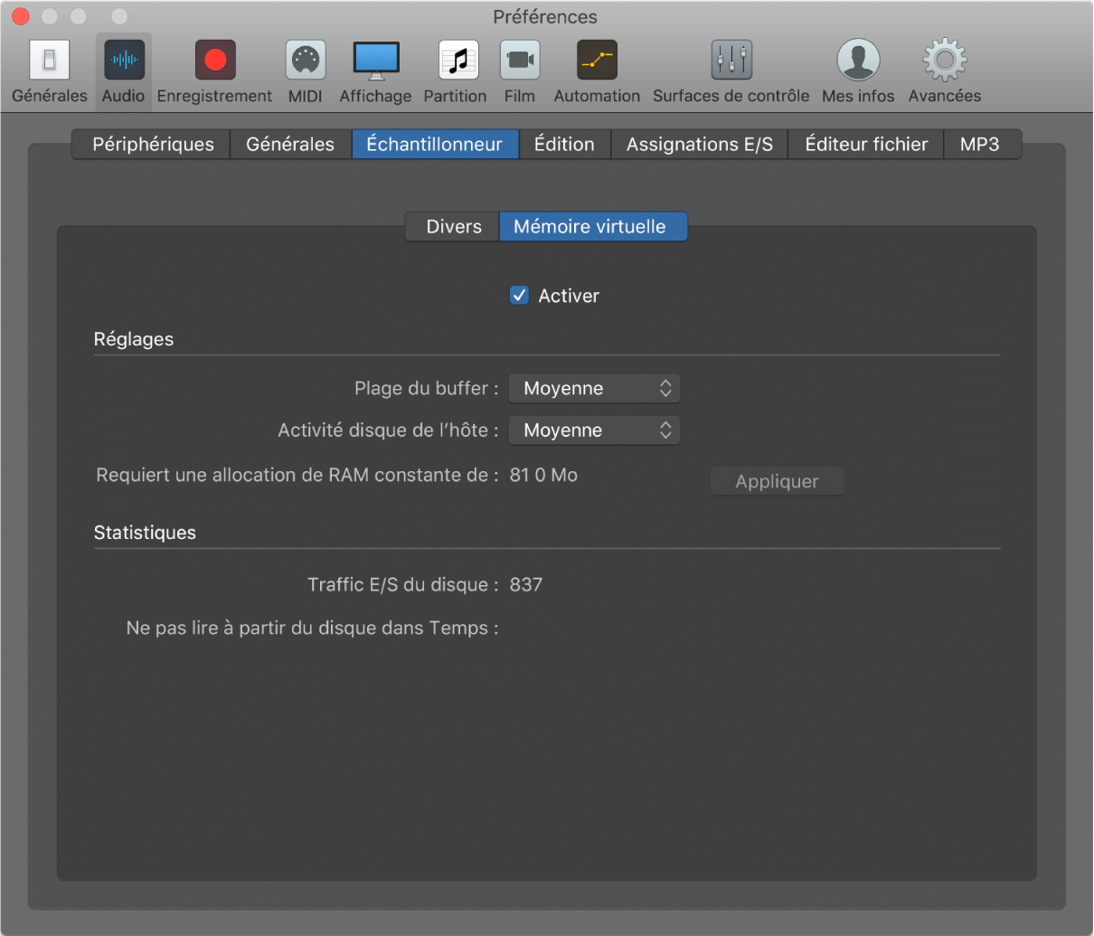 Figure. Préférences Mémoire virtuelle de Sampler.