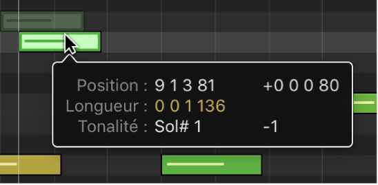 Figure. Glissement d’une note en maintenant la touche Option enfoncée pour la copier dans l’éditeur de partition défilante. La bulle d’aide reprend la position et la tonalité des notes.