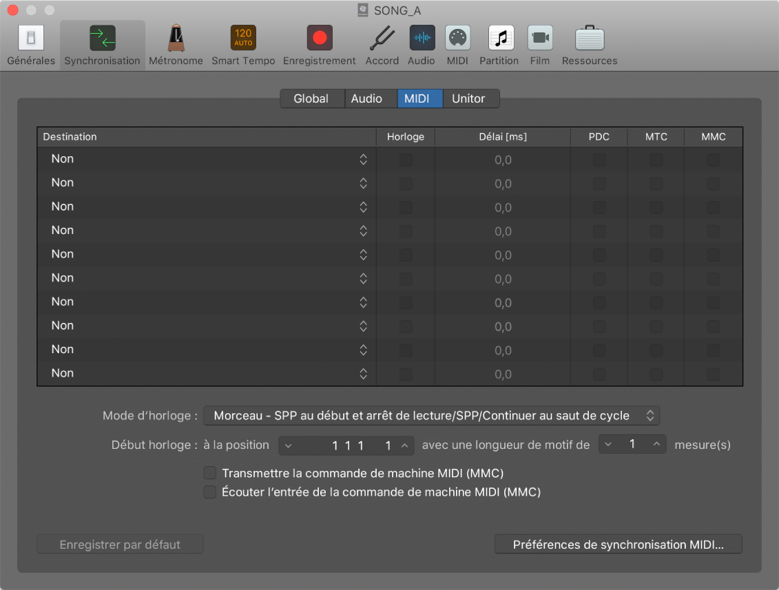 Figure. Réglages de synchronisation MIDI.
