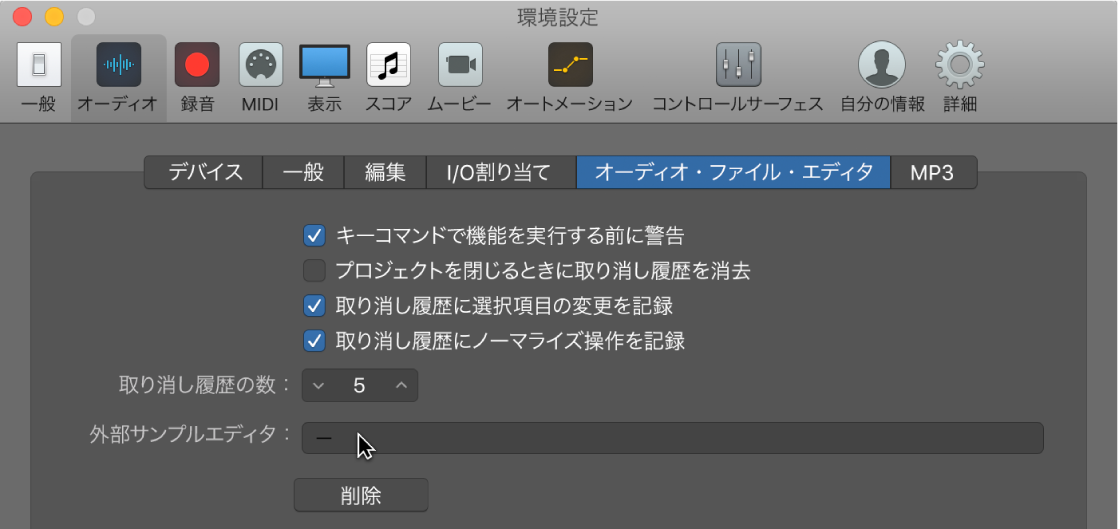 図。「オーディオ」環境設定の「サンプルエディタ」パネル。