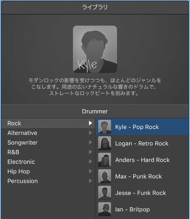 図。ライブラリに、Drummerのジャンルと、使用できるドラマーが表示されています。